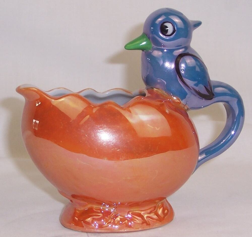 Vintage Japanese Lusterware Bird Creamer Pitcher 1930s Art Deco Orange Blue